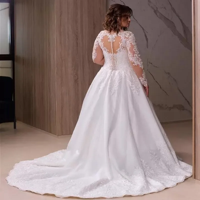 Vestidos De Novia De talla grande 2022, línea A, cuello en V, ilusión, manga larga, Apliques De encaje, tren De barrido, Vestidos De Novia