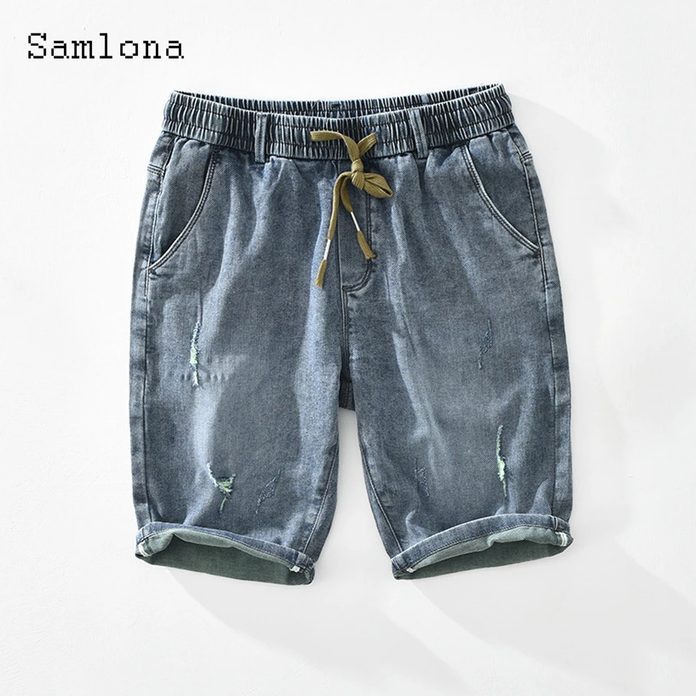 Samlona Men Latest Demin Shorts 2022 Summer New Sexy Lace-up Shorts Plus size Male Fashion Ripped Demin Short Pants Grey Blue