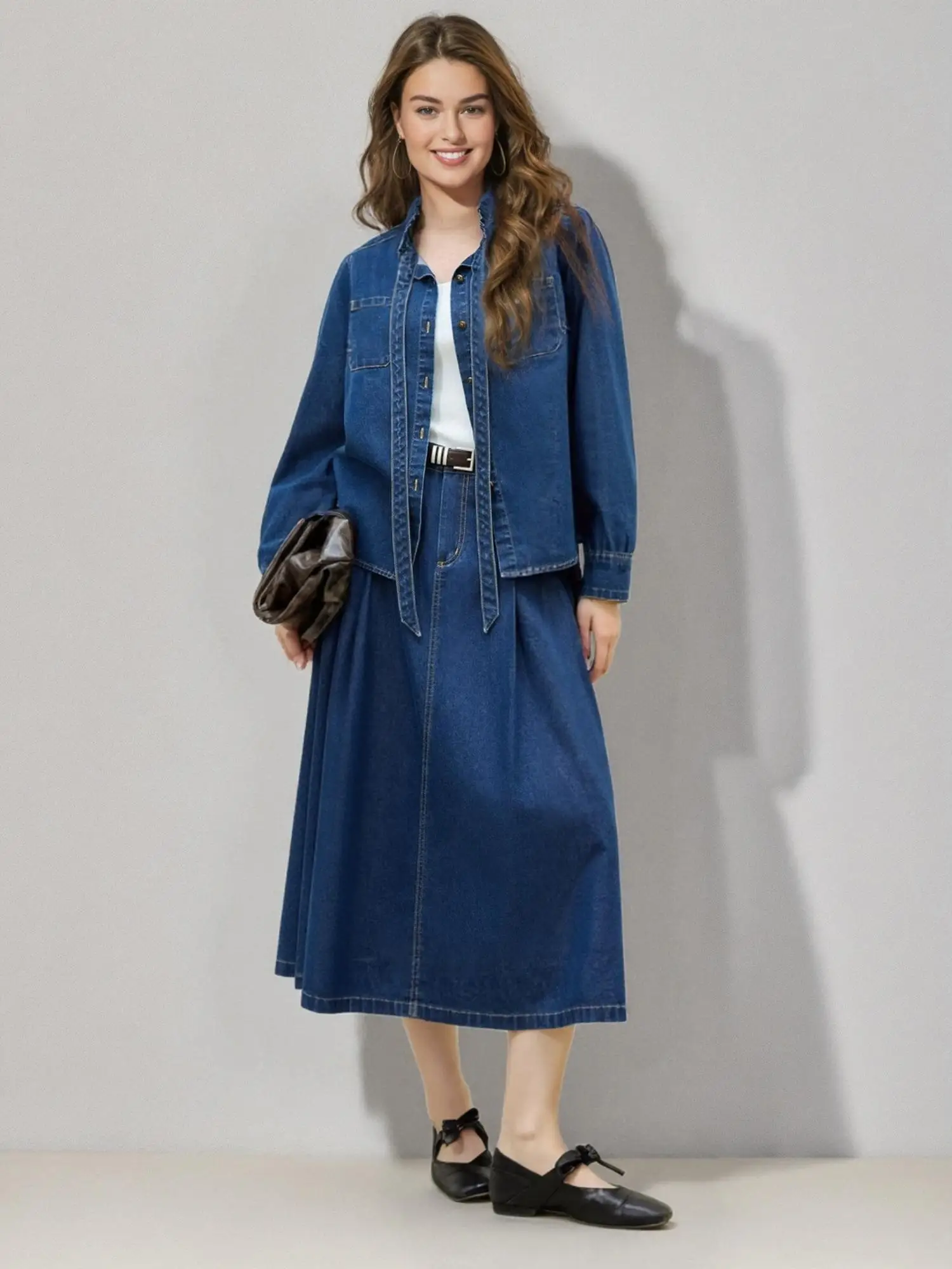 DUSHU Plus Size Vintage Style Denim Shirt Long Skirt Suit for Women 2025 Spring New Design Elegant Unique Top High Waist Skirt