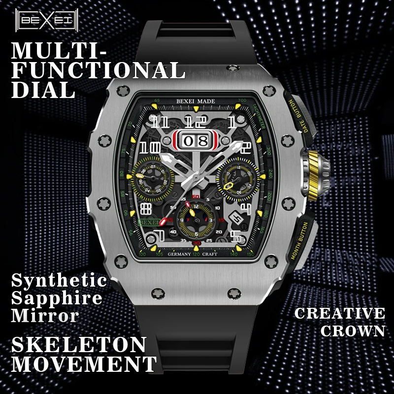BEXEI 2025 Automatic mechanical movement Fashion  Luxury watch for men skeleton synthetic sapphire waterproof   Reserve 45H