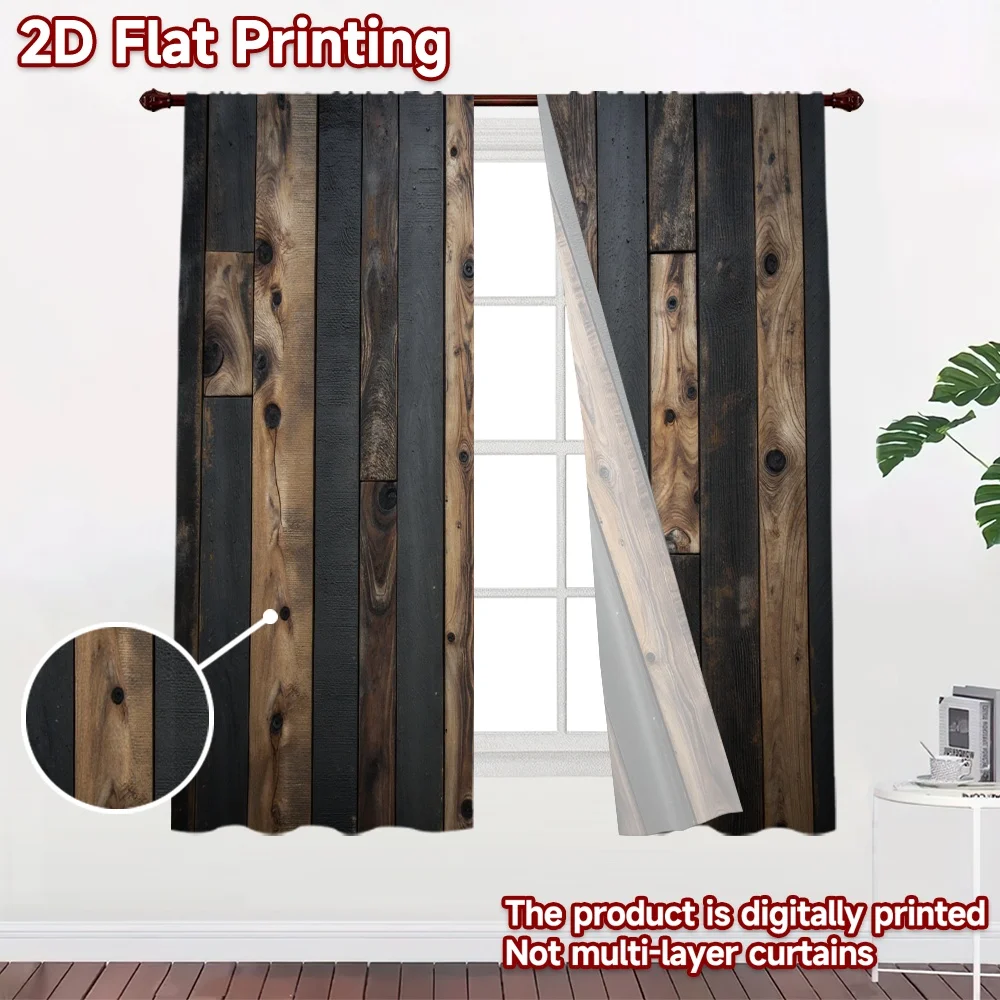 2D flat 2pcs Curtain Retro Country Style Dark Rustic Wood Planks Digitally printed polyester Festive Holiday for Holiday Parties
