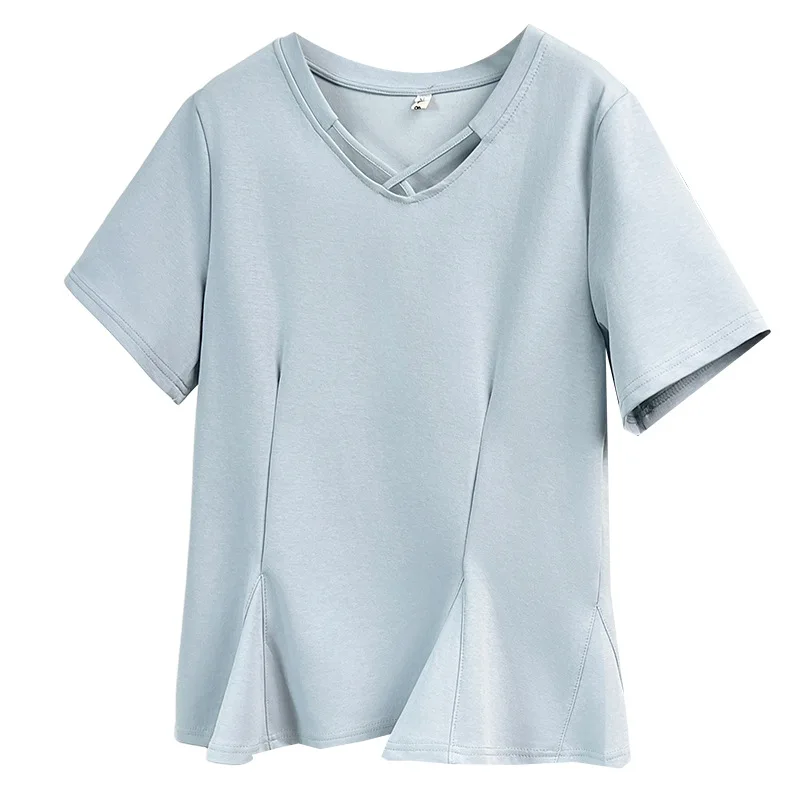 

2026 Summer Plus Size Mamba Cotton T-Shirt Women Cross Neck Short Sleeve Fishtail Hem Simple Casual Tops For Curvy Ladies 2614