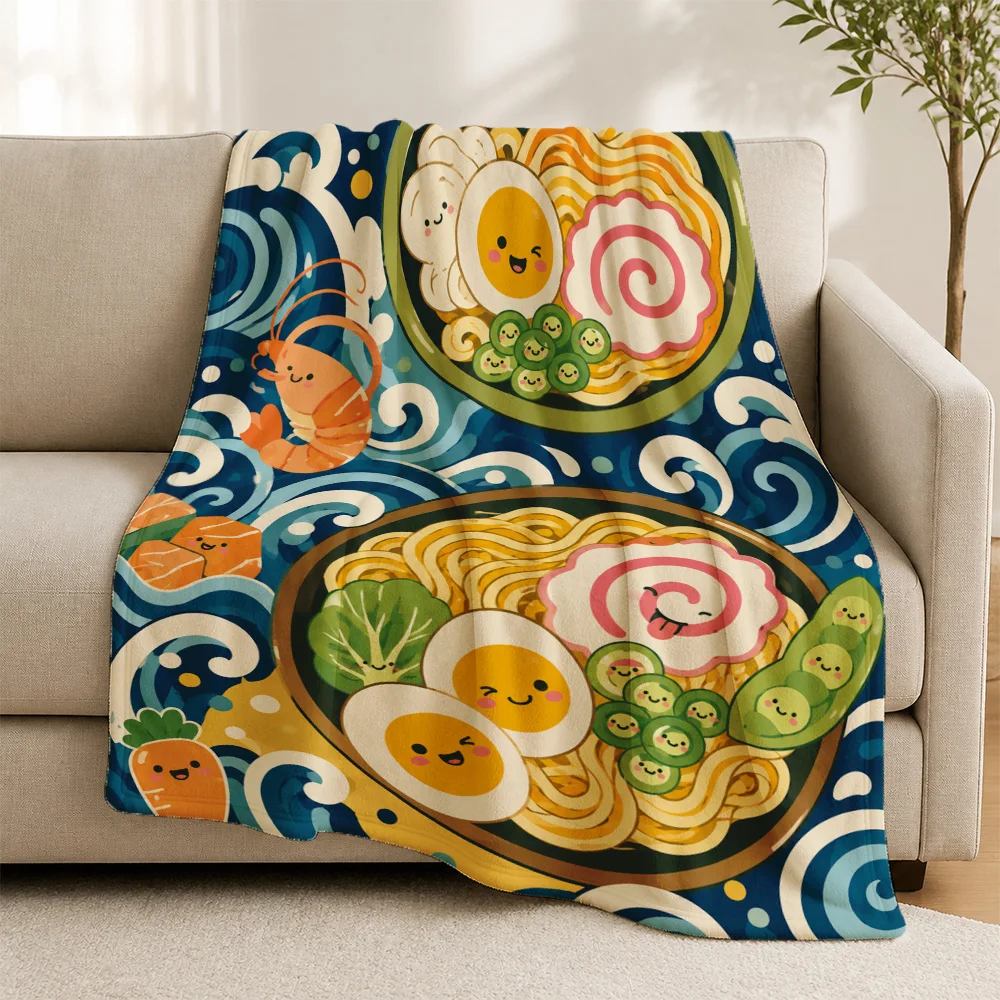 Cute Kawaii Food Pattern Throw Blanket for Sofa Couch Living Room Decor Ramen Noodles Pop Art Aesthetic Cozy Comfort Gift