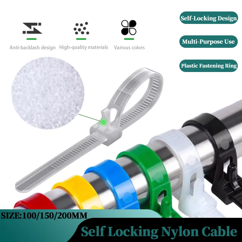 Self-Locking Cable Ties Nylon Wire Zip Durable Organiser Fastening Ring Plastic Flange Binding Straps DIY Colored 100/150/200mm
