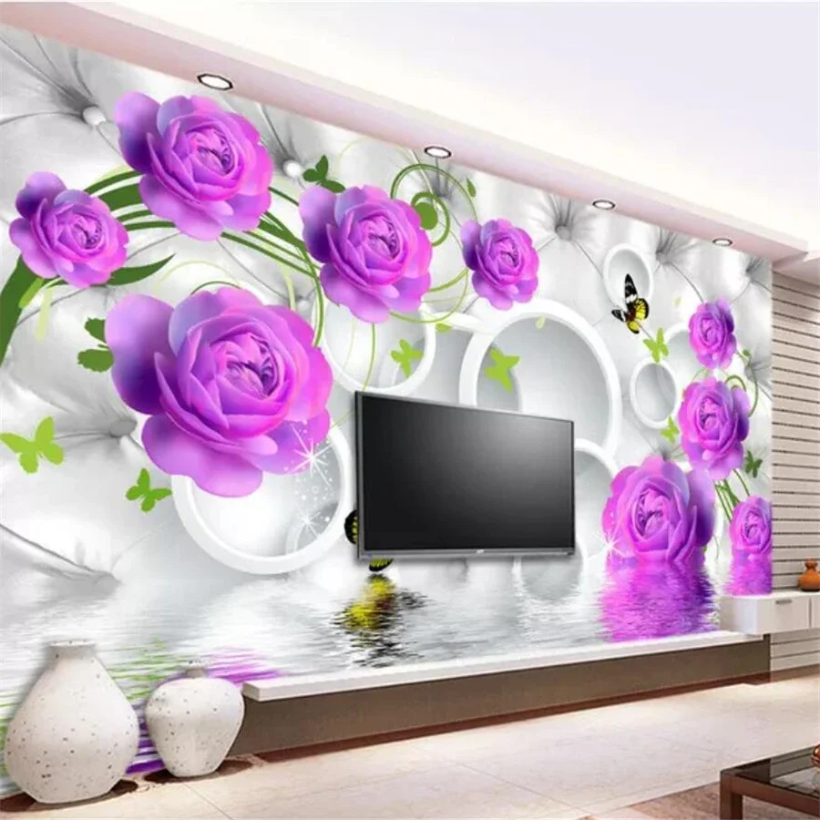 

Custom wallpaper 3d mural purple rose elegant fashion water reflection background romantic rose petals living room wall papers