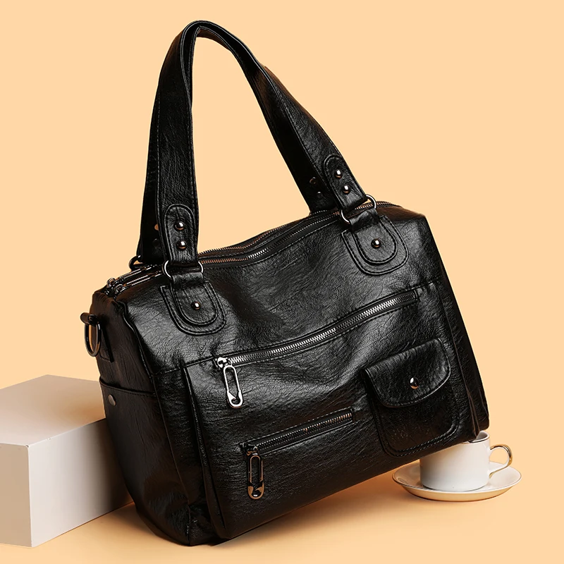 Modische Damen-Umhängetasche aus weichem Leder, große Kapazität, mehrere Außentaschen, abnehmbarer Riemen, Crossbody-Handtasche für den Alltag – Detail 3