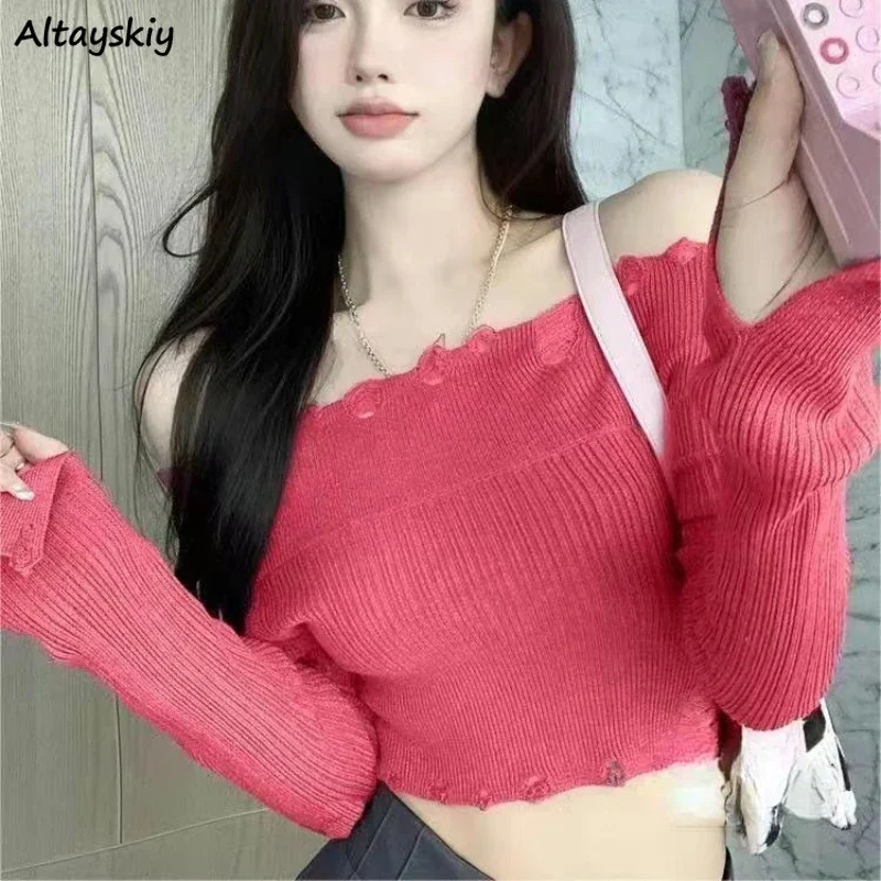 Sexy Crop Pullovers Women Slash Neck Holes Design All-match Temper Attractive Slim Knitwear Pure Korean Style Fashion Daily Chic