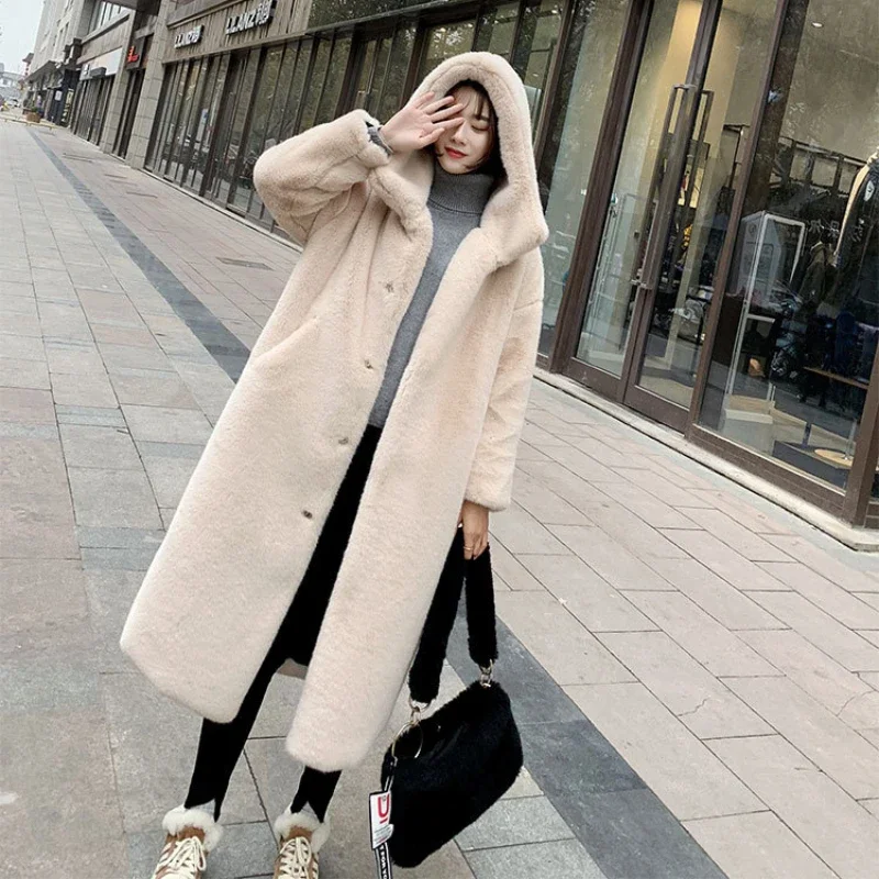 Winter Clothes Women 2024 Mid Long Faux Fur Coat Hooded Plush Jacket Single Breasted Faux Mink Fur Fashion Outerwears Mujer