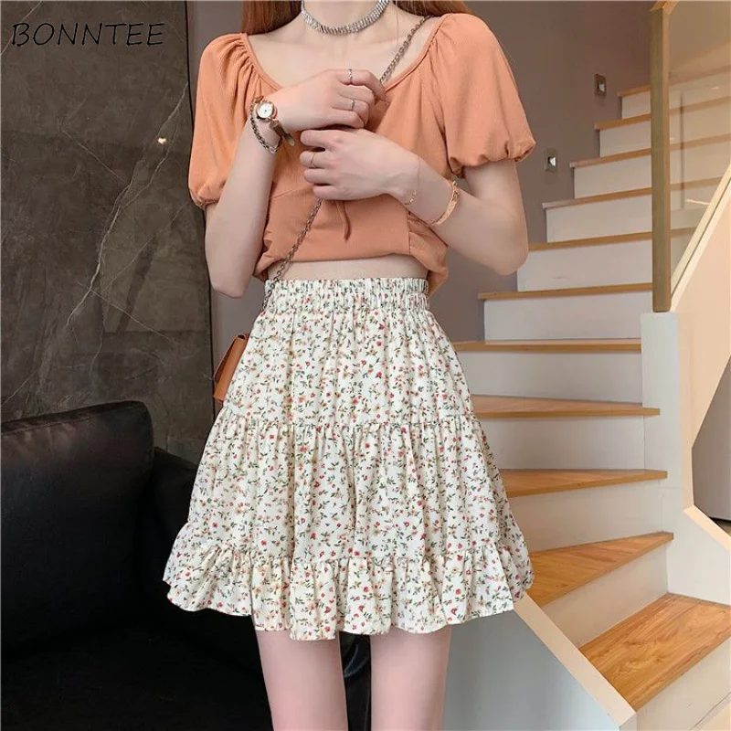 

Skirts Women Vintage Floral Summer New Korean Style Ruffles Sweet Elastic Waist Aesthetic All-match Empire A-line Mini Clothing