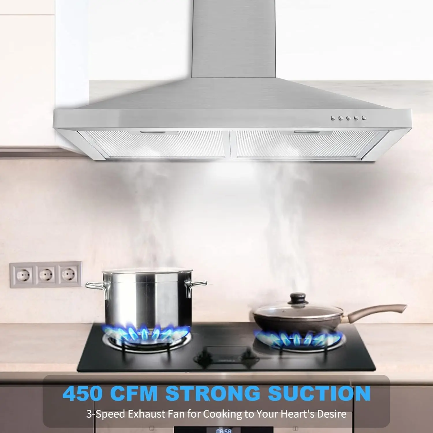 Mount Range Hood 30 inch with Ducted/Ductless Convertible Duct, Stainless Steel Chimney-Style Over Stove Vent Hood with LED Ligh