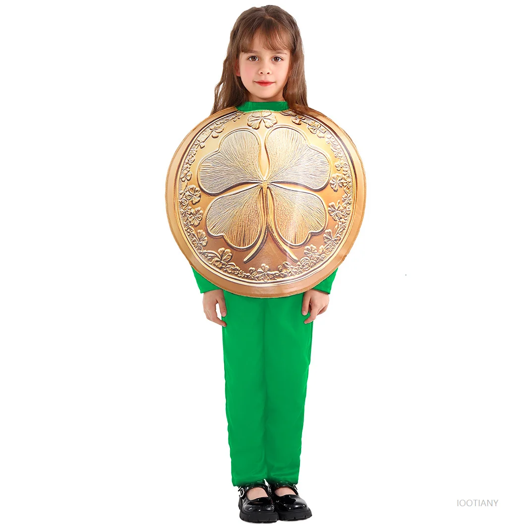 Kostum Clover Cosplay Anak Laki-Laki Koin Emas Keberuntungan Hari St. Patrick 2025 Festival Irlandia Set Wig Pertunjukan Panggung Anak Perempuan