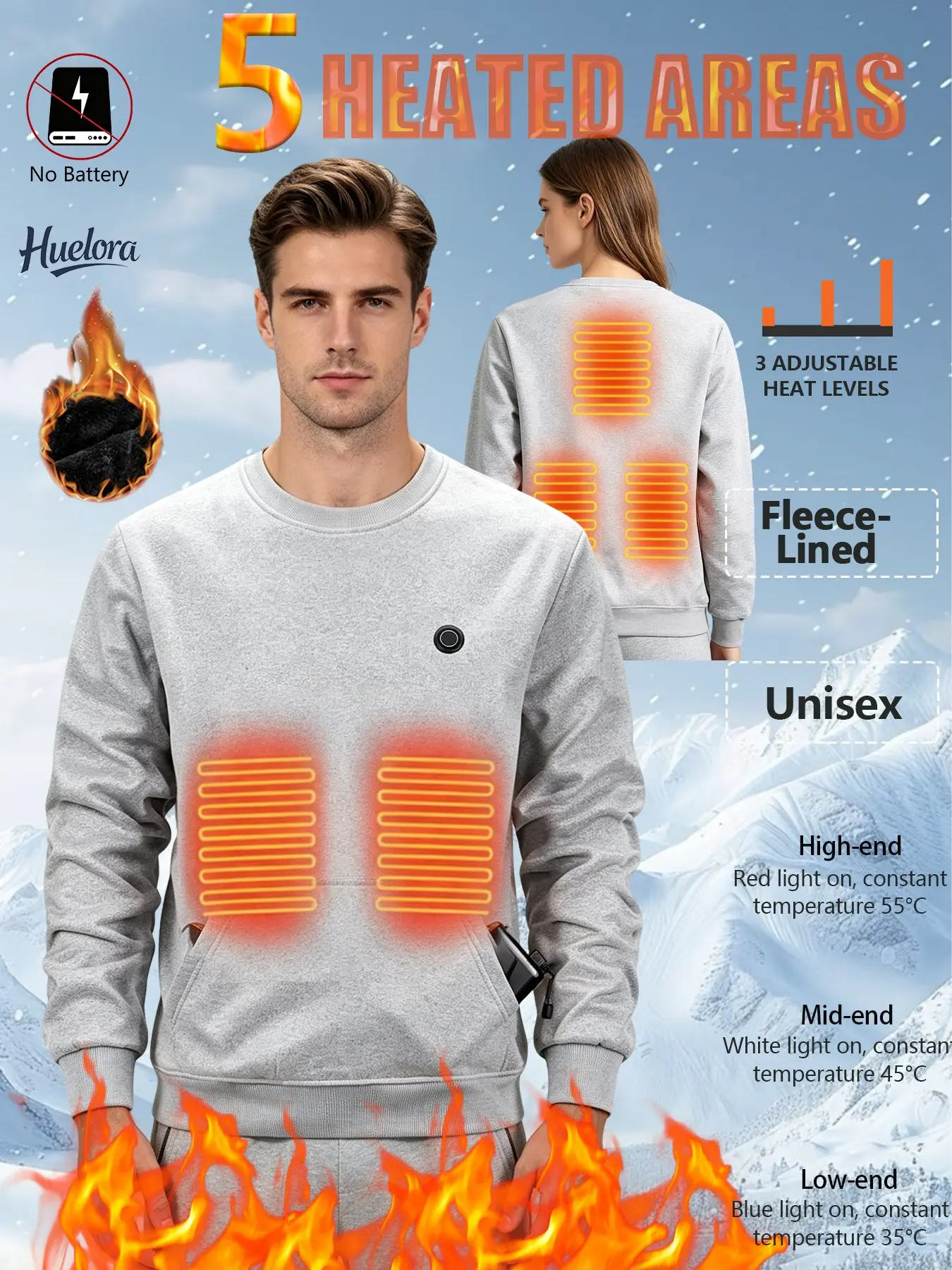 Men Women Electric Heated Crew Neck Sweatshirt 5 Heating Areas 3 Level Temp Adjustment Fleece Lined Machine Washable USB Heating