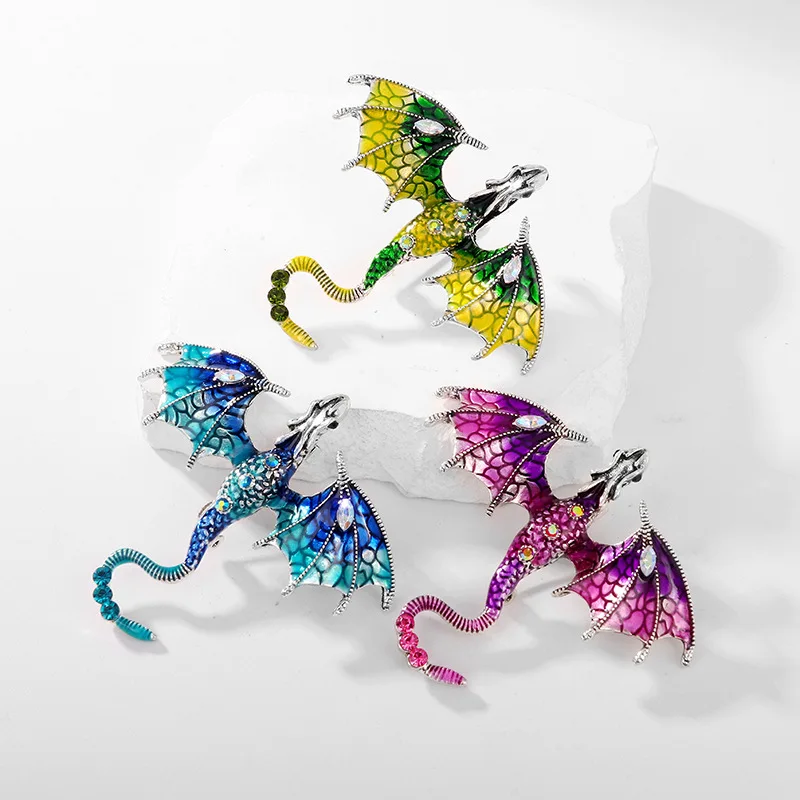 Unisex Vintage Cartoon Crystal Rhinestone Dragon-Shaped Brooch Multicolor Paint Metal Animal Pin Women Men Birthday Gifts Broach