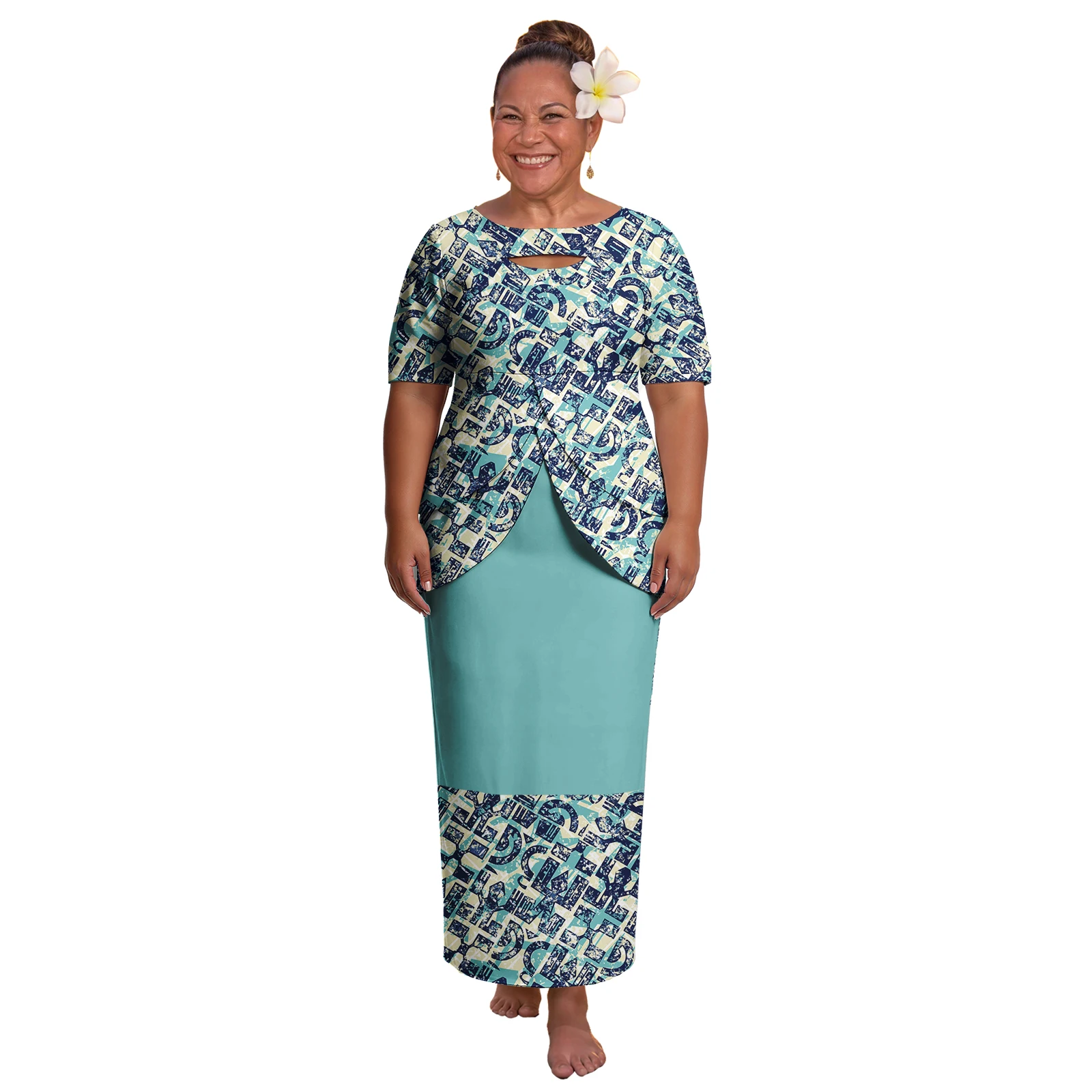 Asia & Pacific Islands Custom Clothing Polynesian Ladies Wear Samoan Puletasi 2pcs Hawaiian Hibiscus Print Women Elegant Dresses