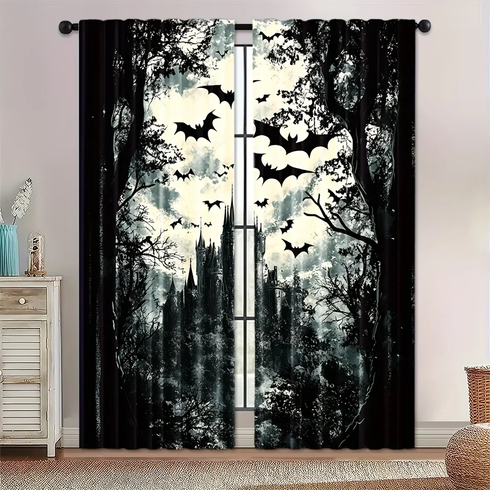 Gothic Haunted Forest Halloween Curtain Black and White Spooky Night Window Drapes for Scary Atmosphere Decor