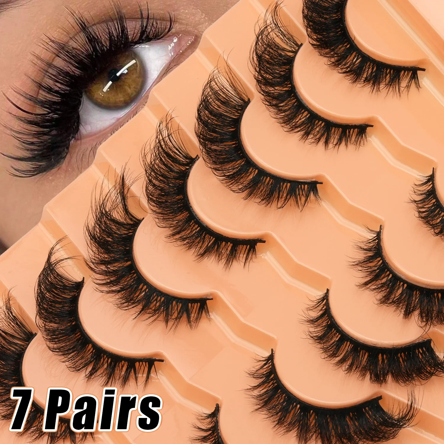 7Pairs 3D Faux Mink Cat Eye False Eyelashes Fluffy Wispy Winged Design Reusable for Daily Party Eye Makeup Wet-Look Texture