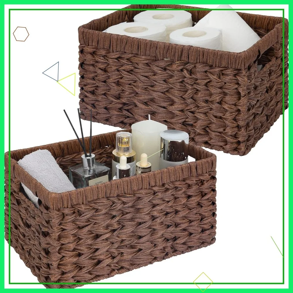 

Waterproof Woven Storage Baskets, 2-Pack Brown Rectangular Organizers for Shelves and Pantry