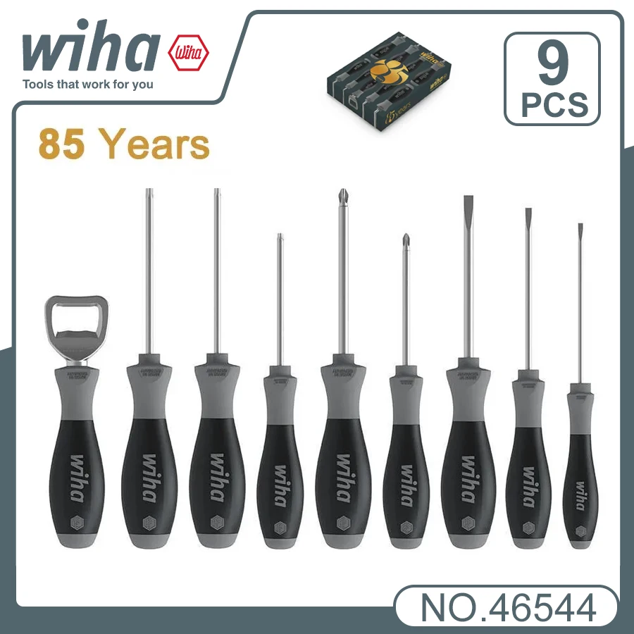 

Набор отверток Wiha 46544 к 85-летию компании, 9 предметов, с рукояткой TORX, плоские, крестовые, штопор, лимитированная серия