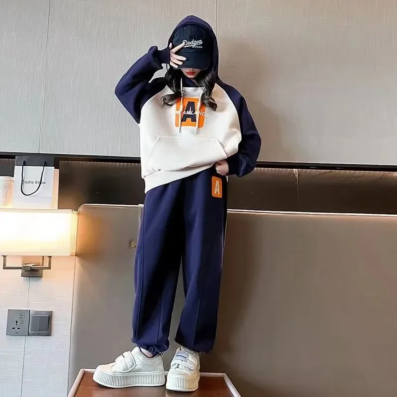 4-14 Years Fashion Spring Autumn Girls Clothing Set Big Size Letter Hoodies+Pants 2Pcs Outfit For Kids Children Birthday Present