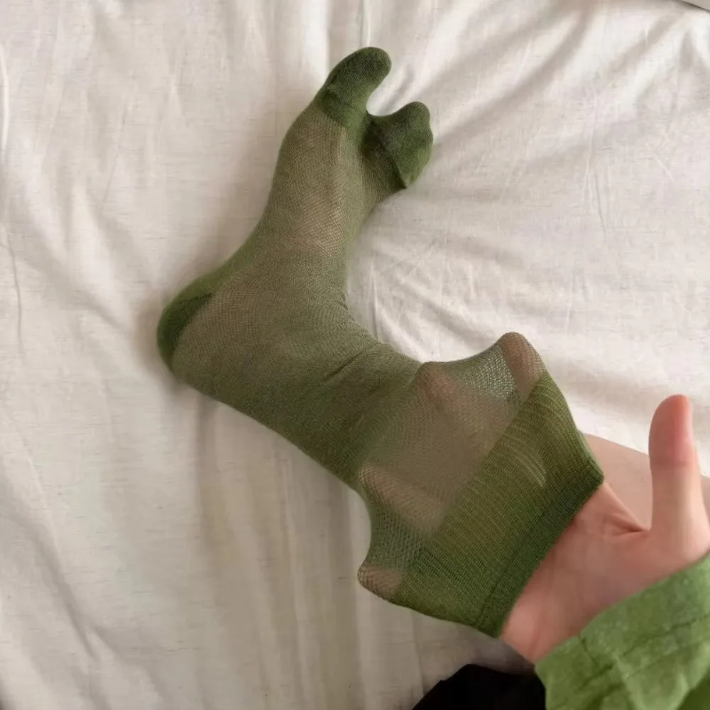New Green Long Tabi Socks Women Two Toe Sock Japanese Style Summer Thin Mesh Breathable Combed Cotton Calf Socks for Flip Flops
