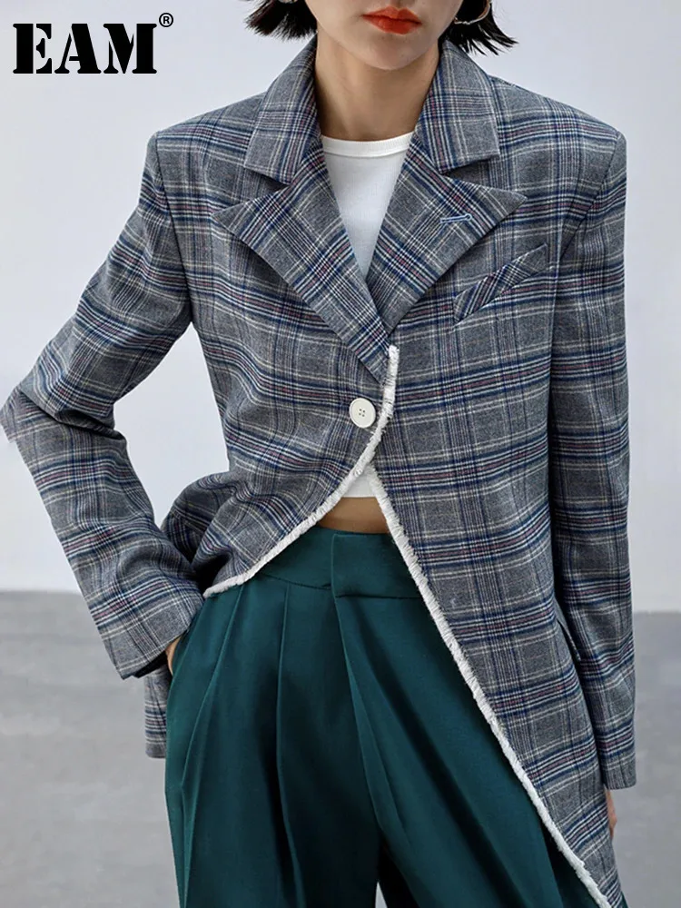 

[EAM] Women Gray Plaid Vintage Burr Slit Big Size Blazer New Lapel Long Sleeve Jacket Fashion Tide Spring Autumn 2024 1DH6168