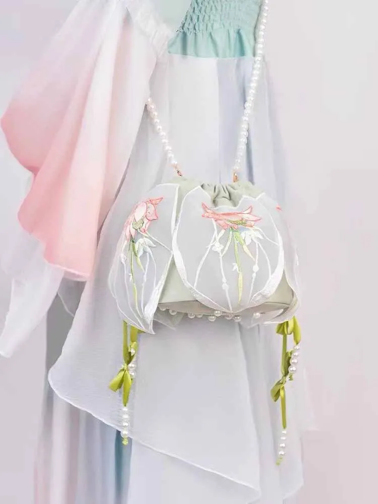 Floral Embroidered Organza Hanfu Bag Pearl Chain Crossbody Purse with Tassel Chinese Style Accessory