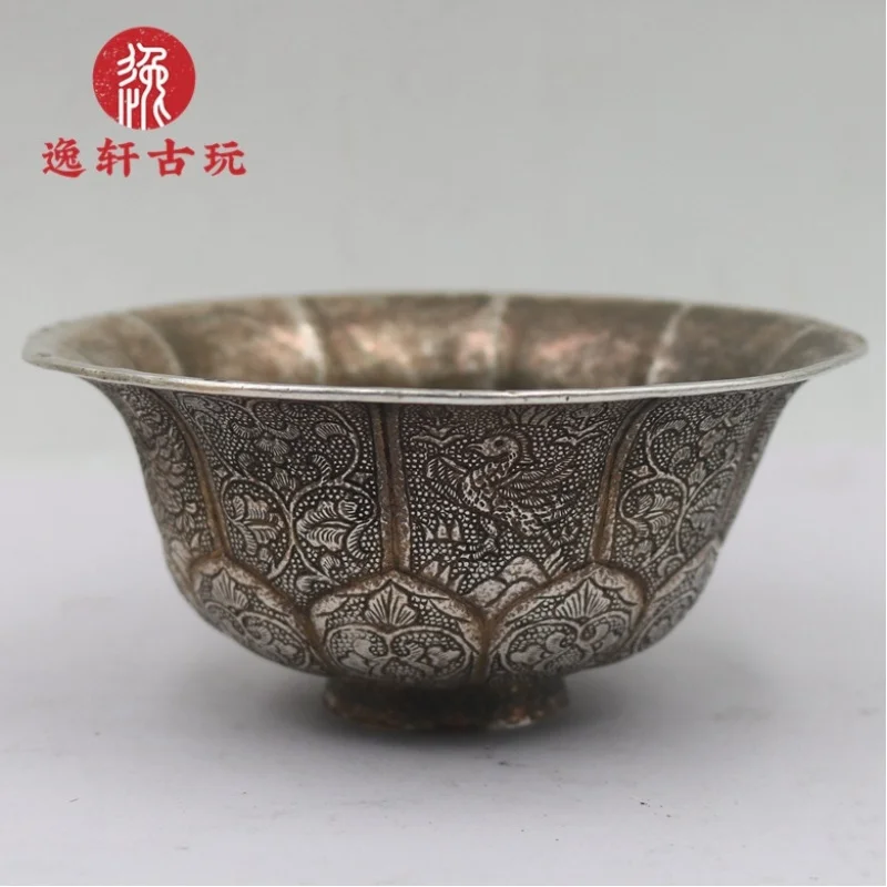 Antique Tang Dynasty Silverware: Vintage Engraved Silver Bowl of the Zhenguan Era with Phoenix, Mandarin Duck, and Swan Motifs,