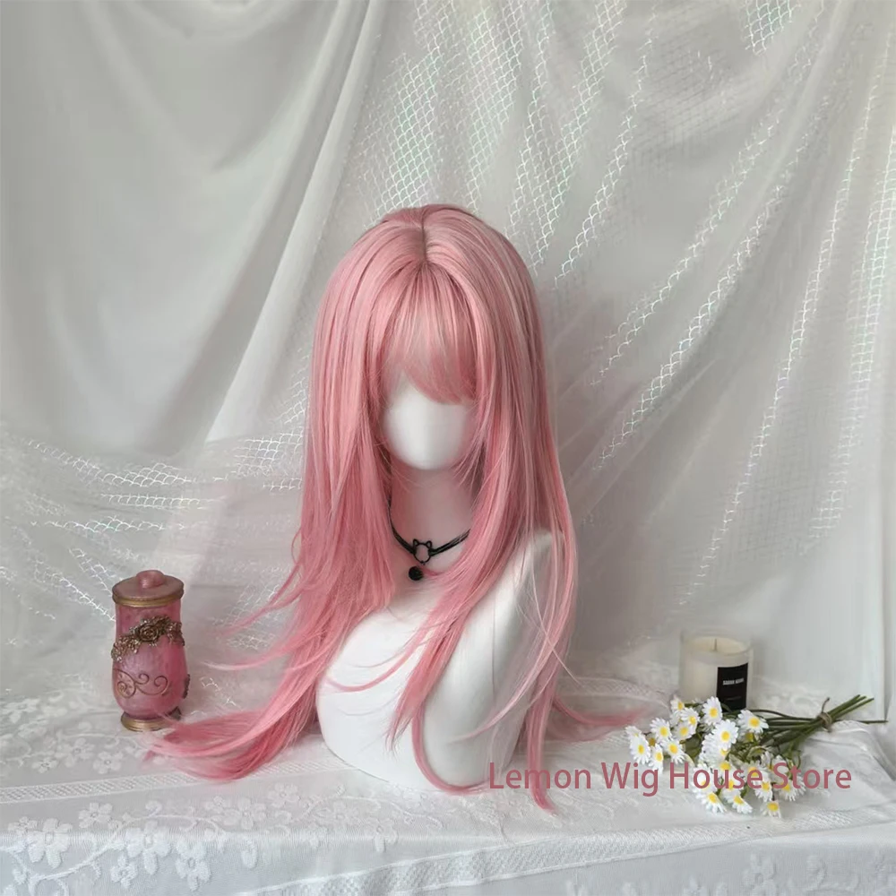 Pink Synthetic Wig with Bangs High-Layered Long Straight Wig for Women Daily Cosplay Wig Lolita Layered Wigs Heat Resistant