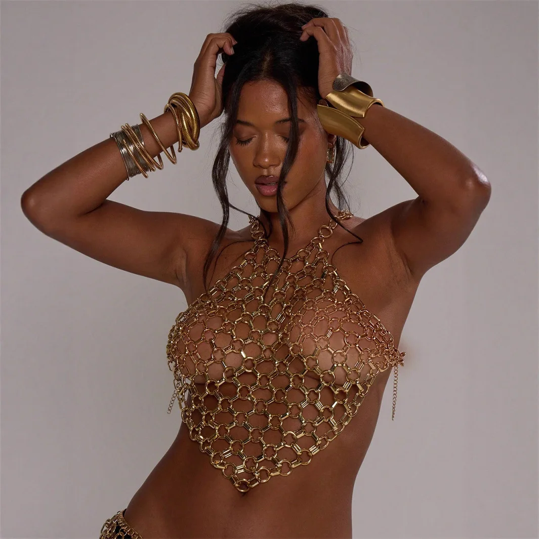 Original Design Acrylic Ring Bra Chains Halter Camis Tank Vest Crop Tops Night Club Dance Costume Summer Party Breast Body Chain