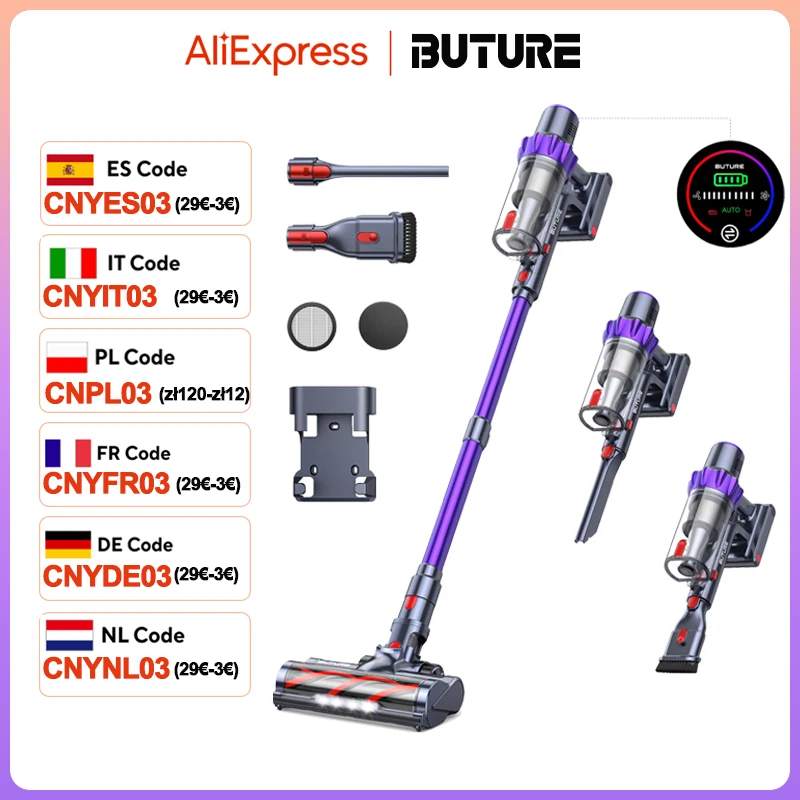 BUTURE 48Kpa 500W Handheld Cordless Vacuum Cleaner Automatically Adjust Suction 1.5L Dust Cup for Pet Hair/Carpet/Hard Floor