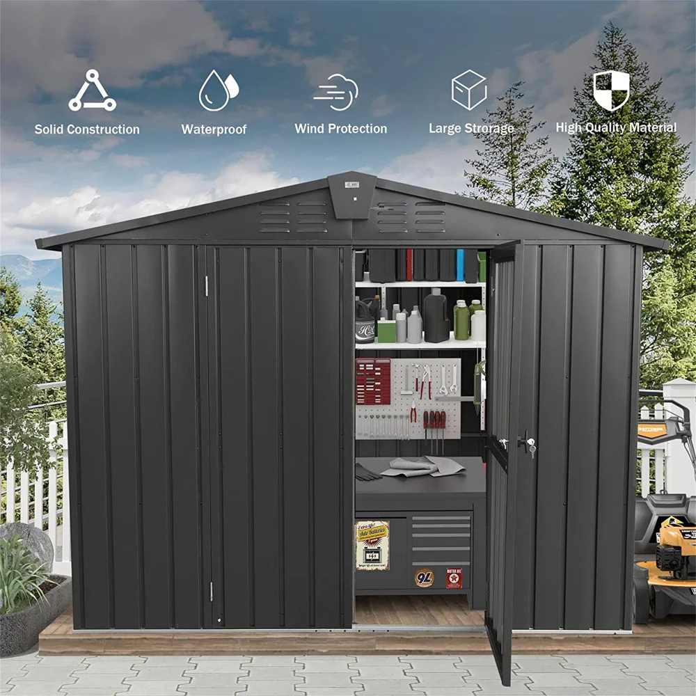 Outdoor Storage Shed 8.2'x 6.2', Metal Garden Shed for Bike, Trash Can, Galvanized Steel Outdoor Storage Cabinet with Lockable