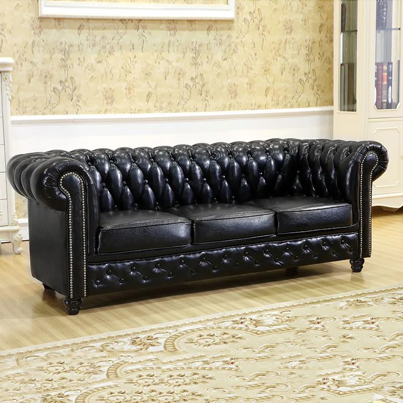 # Elegant English Style Oil Wax Leather Sofa Set, Button-Tufted Soft Upholstery & Curved Armrest  for Living Room