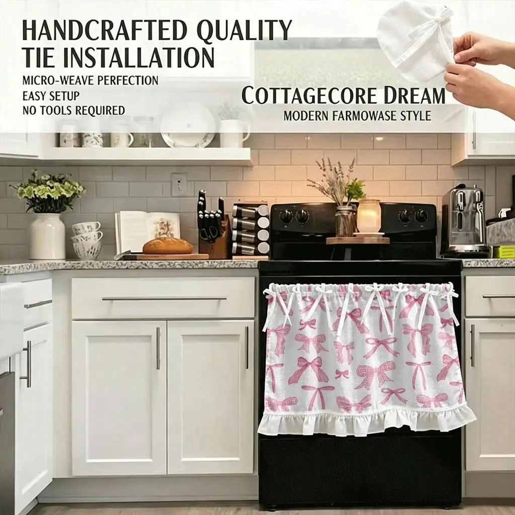 2D Flat, 1pc Kitchen Stove Curtain, Cabinet Curtain, Halloween with 2D Printing Pink Bows On White Fabric Can Be Stove Curtain Oven Valance Kitchen Sink Valance Cabinet Curtain, Makes a Great Addition to Your Theme Home