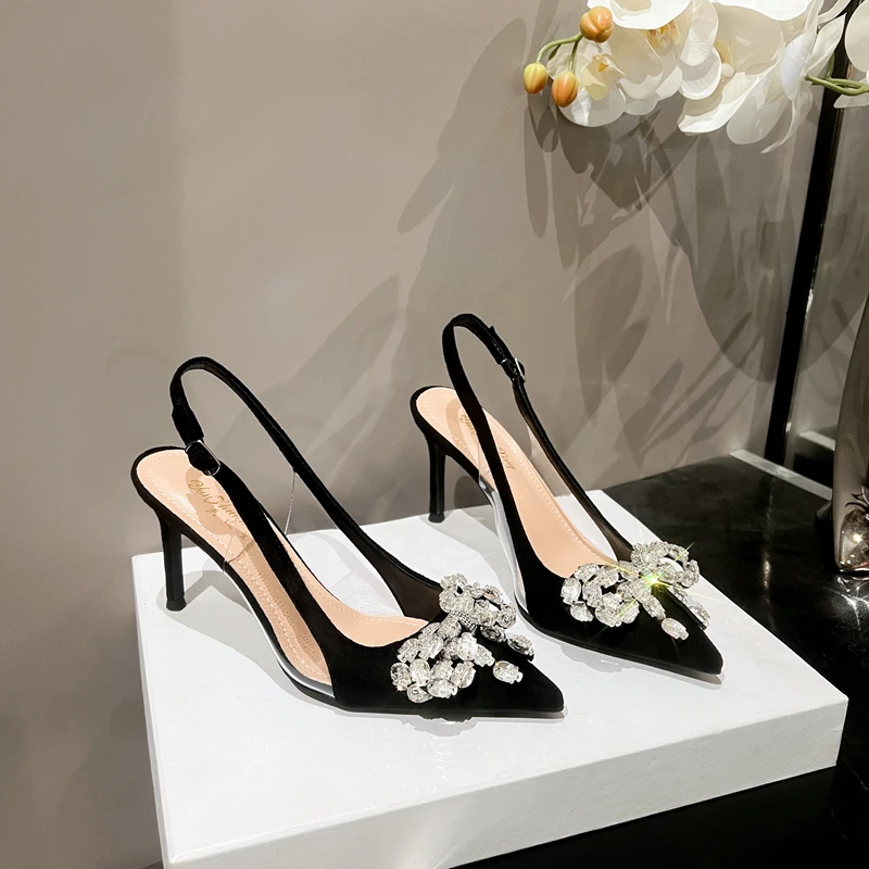 

Summer Women's New Hollow out Crystal Sandals With Thin Heels Pointed Headtips Back Strap Fashion Diamond Bow Suede High Heels