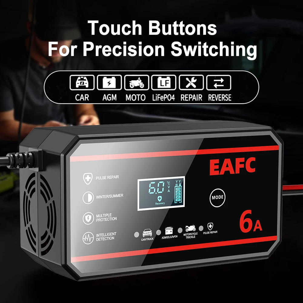 EAFC 6A /8A 12V Intelligentes Autobatterieladegerät Auto- und Motorradbatterieleinheit Blei-Säure-Batterie-Reparatur LCD-Display – Detail 4