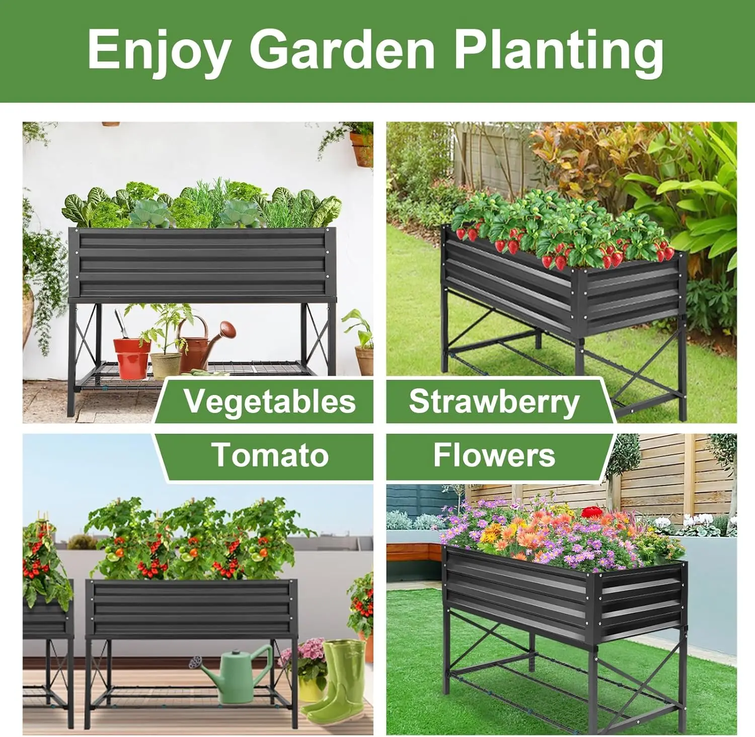 収納棚と保護ライナー付きの高床式プランターボックス