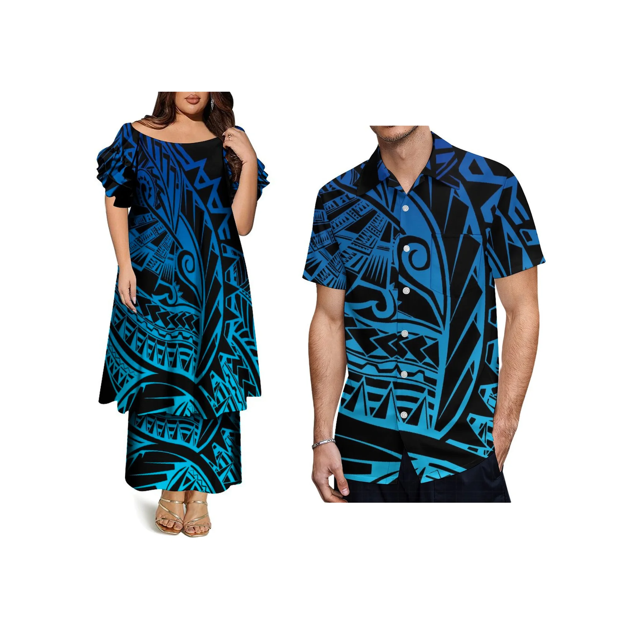 Custom Hawaii Print Green Samoa Puletasi Dress Big Size Women Double Frill Short Sleeve Dress off the Shoulder Long Dress 2pcs