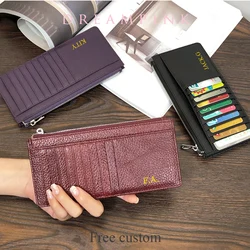 Large Capacity Long Zipper Card Holder Custom Letters Genuine Leather Men Credit Card Wallet Business Women Phone Clutch Purse