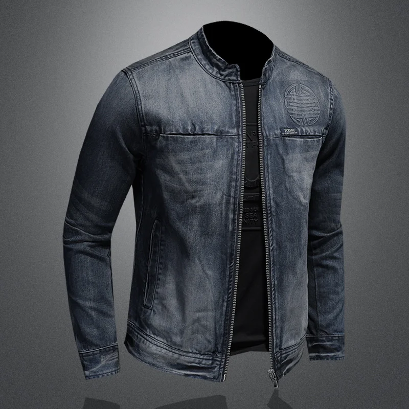 Denim Jacket Men Outdoor Fashion Motorcycle Large Size M-5XL High Quality Stand Collar Embossed Jeans For