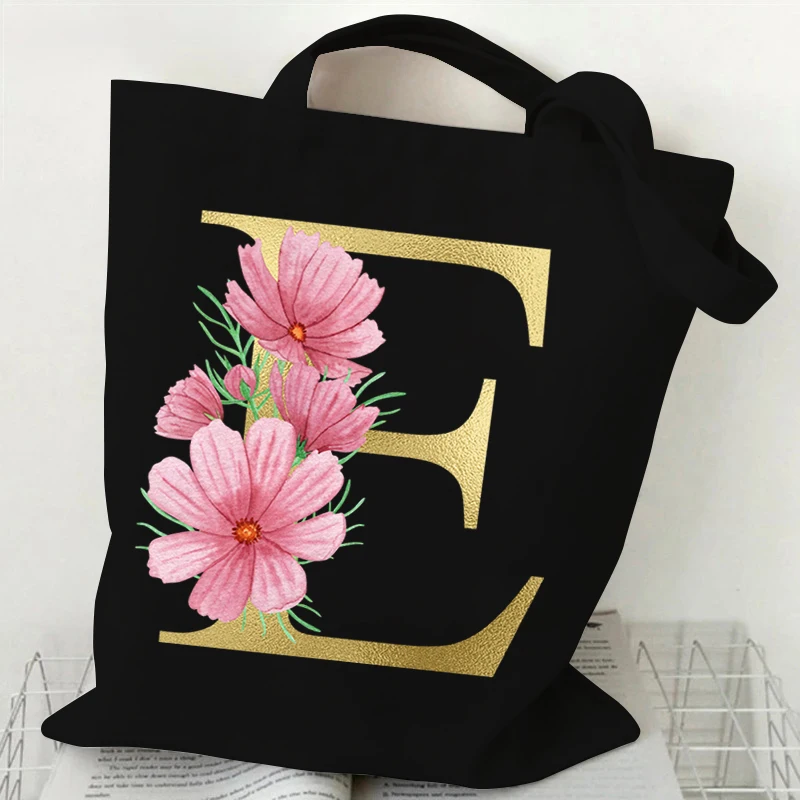 26 Golden Alphabet Floral Tote Bags for Women Large Capacity Canvas Casual New Flower Alphabet Printed Female Reusable Handbag