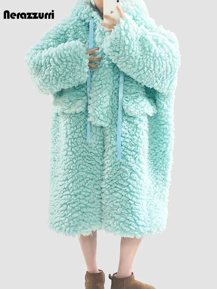 Nerazzurri Winter Long Oversized Thick Warm Cute Sweet Lovely Bright Blue Fuzzy Fluffy Faux Fur Coat Women Sashes Furry Overcoat