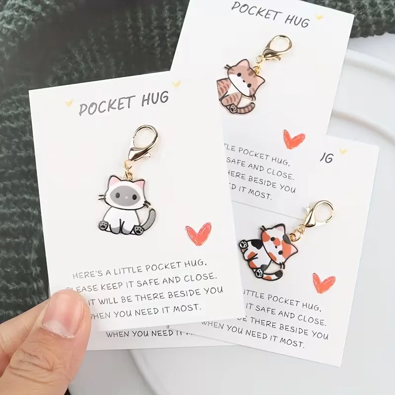 4 Mini Cute Kitten Pendant Keychains, Featuring Cartoon Cute Cat Designs with a Heart-Shaped Pocket Card That Says 