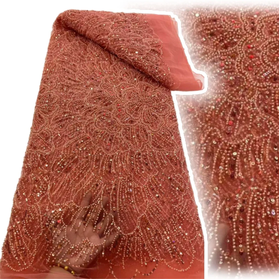 

African Sequins Beaded Lace Fabrics High Quality French Embroidery Beads Lace Fabric for Wedding Dress Sewing 5 Yards AH1457