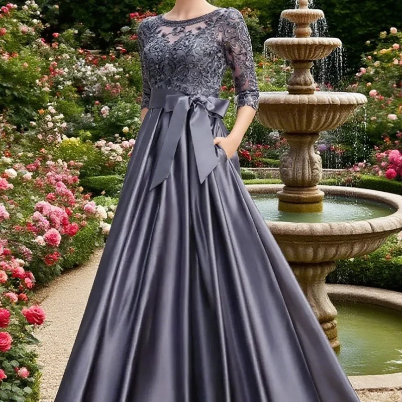 

Mother Of The Bride Dresses Gray A-Line Satin Floor Length With Pockets Bow Sash Crew Neck Lace Sleeve Elegant Groom Mom