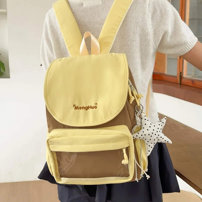 Korean Minimalist Women Backpack Fashion Color-Block Students Schoolbags Clear Pocket Y2K Pain Bag Teen Girl Sweet Cute Rucksack