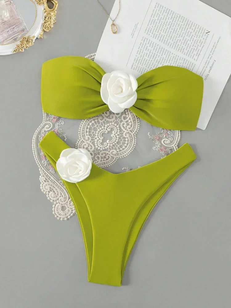 Bikini floreali solidi sexy Set da 2 pezzi Costume da bagno diviso con lacci da donna Bikini da spiaggia senza schienale a vita alta 2024 Nuovo set bikini estivo