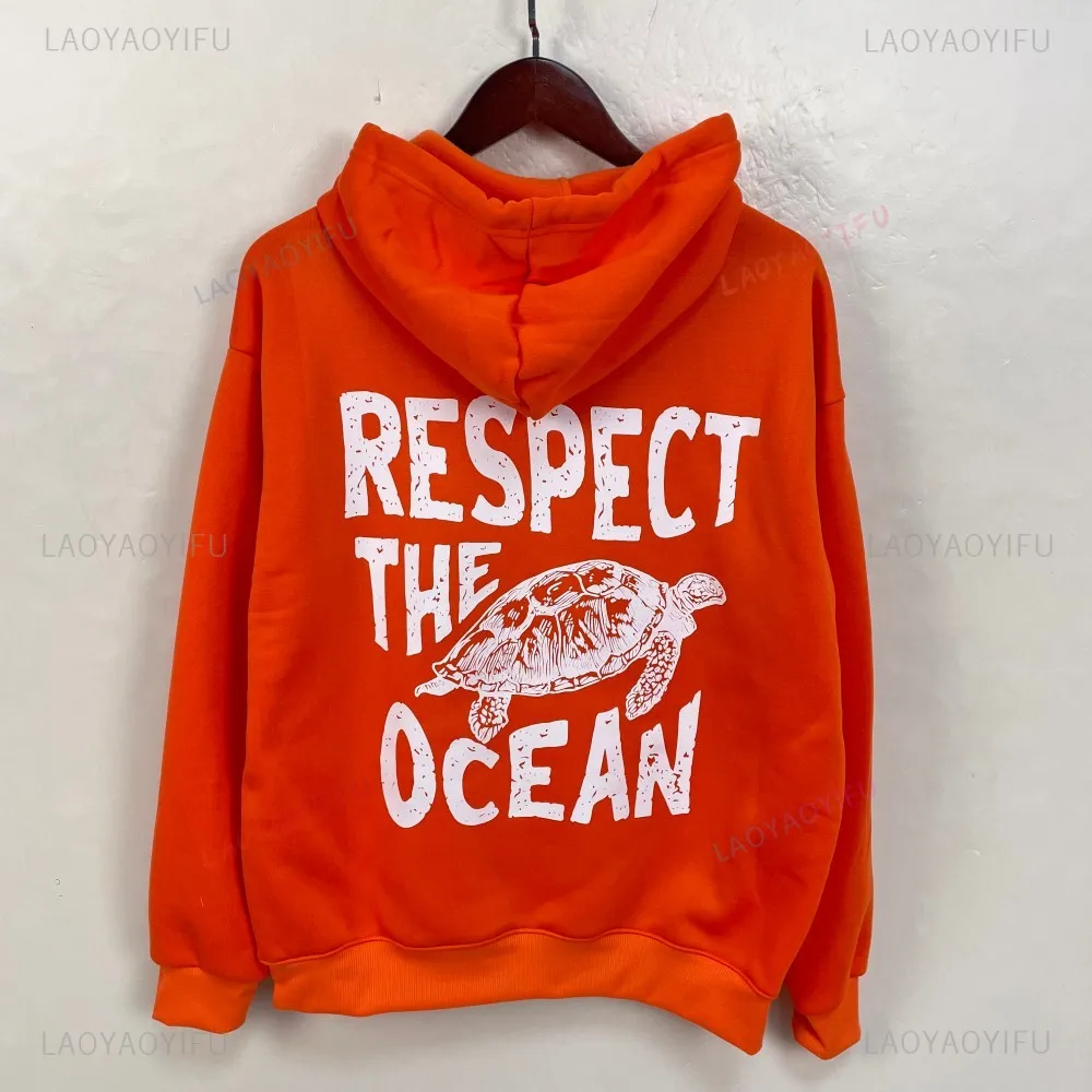 Respect The Ocean Hoodie - Ocean Surf Hoodie Carolina Blue Hoodie Words on Back Turtle Sweatshirt for Outdoor Enthusiasts