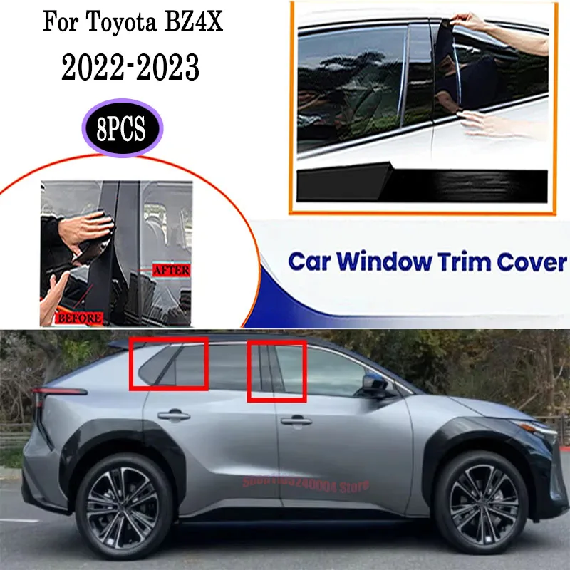 

For Toyota BZ4X 2022-2023 8Pcs High Gloss Black & Silver Carbon Fiber Window Pillar Post Cover Protective OE Set