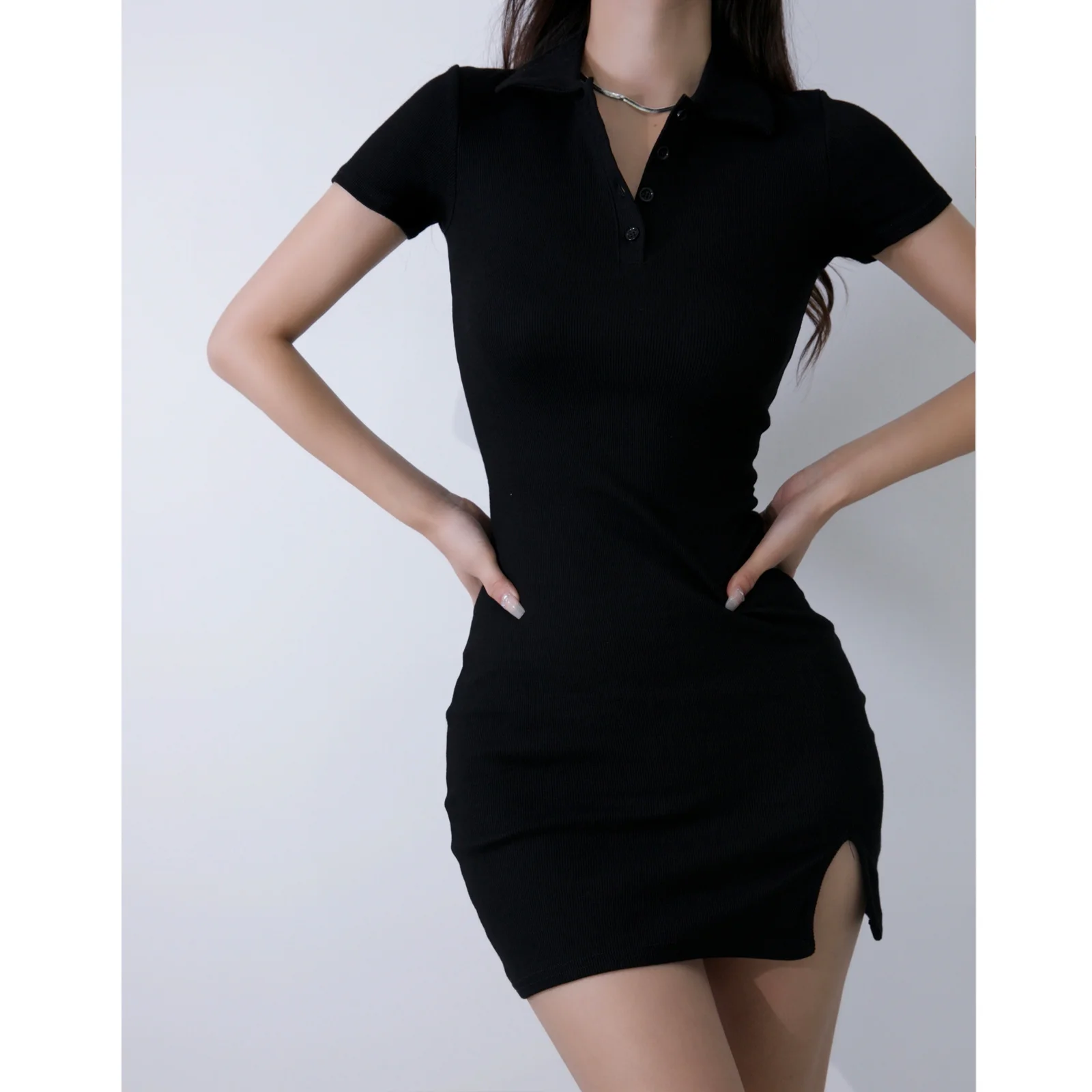 Colégio polo lapela lateral fenda magro manga curta t camisa mini vestido para o feminino verão estiramento magro hip moda k017