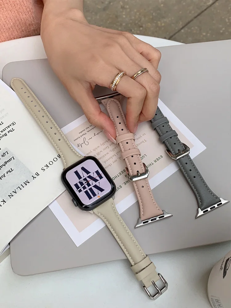 Slim Leather Strap For AppleWatch Band Ultra 3-2 41mm 40mm 49mm 38-42mm 44mm Bracelet loop iwatch 8 45mm 11 10 46mm 9/7/se/3/4 6